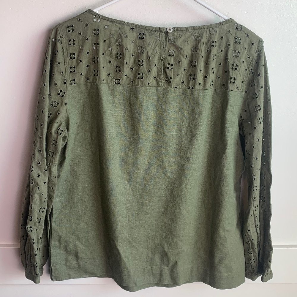 J. Crew Mercantile Olive Green Eyelet Linen Long Sleeve Blouse - Picture 4 of 7